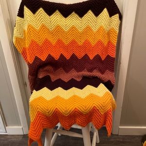 Retro handmade Crochet couch/chair afghan w/ orange yellow brown! 1970 vintage